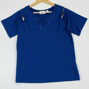Quacker Factory Blue Rhinestone Cold Shoulder Sleeve Tee Shirt Top Womens Medium